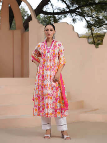 New Delhi, Clothing & Accessories, INR 2218,  Women Ikat Printed Pure Cotton Kurta With Trousers & Dupatta