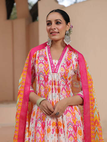 New Delhi, Clothing & Accessories, INR 2218,  Women Ikat Printed Pure Cotton Kurta With Trousers & Dupatta