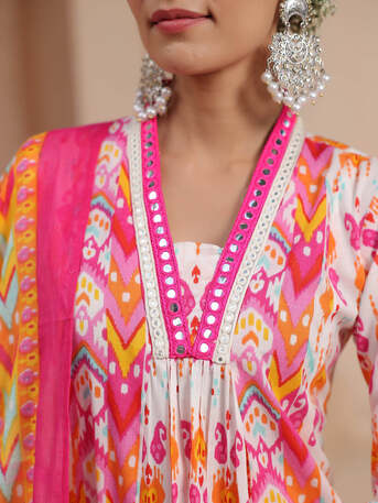 New Delhi, Clothing & Accessories, INR 2218,  Women Ikat Printed Pure Cotton Kurta With Trousers & Dupatta
