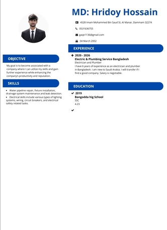 Dammam, Job Seekers, I Am A Skilled Electrician And Plumber. I Have Been Working In Bangladesh For 6 Years And