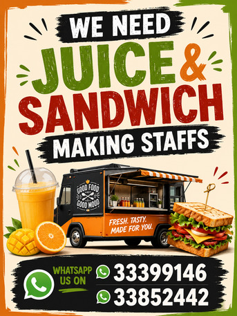 Tubli, Jobs, We Need Juice & Sandwich Making Staffs