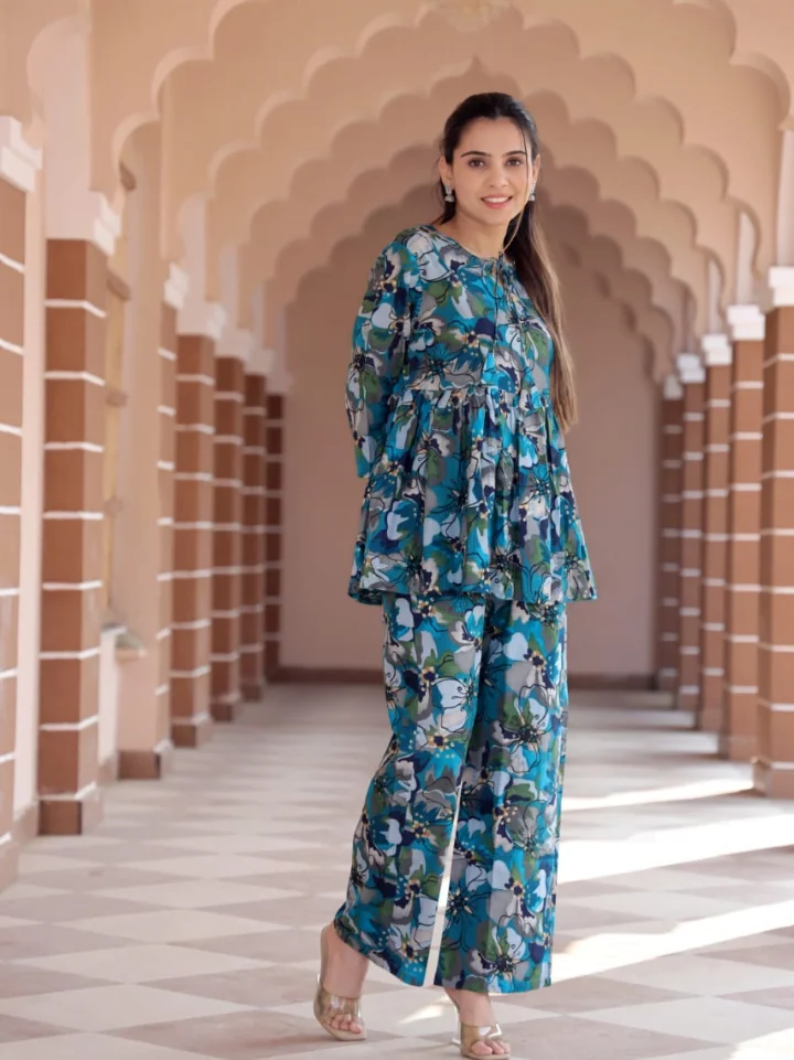 Jaipur, Clothing & Accessories, INR 1599,  Blue Floral Block Print Cotton Peplum Kurti Pant Co-ord Set By SA Fab
