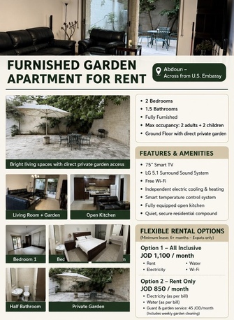 Abdoun, Apartments, Flats, Houses & Villas, JOD 850/month,  2 BR,  87 Sq. Meter,  Furnished Garden Apartment For Rent &ndash; Abdoun (Near U.S. Embassy)