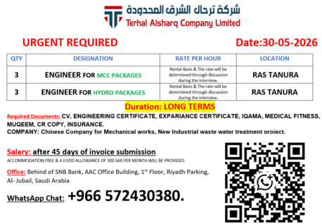 Jubail, Jobs, Engineer For MCC Packages & Hydro Packages