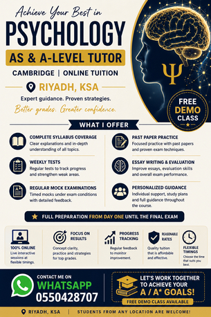 Riyadh, Lessons Offered, AS & A-Level Psychology Tutor (Online) &ndash; Riyadh, KSA