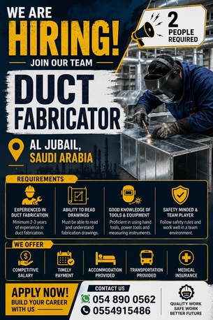 Jubail, Jobs, Urgent Requirement : 2 Duct Fabricators