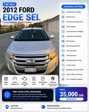 Ad Diriyah, Vehicles, Cars & Trucks , SAR 35000,  Ford Edge,  2012,  Automatic,  288000 KM,   SEL -  For Sale - Price Negotiable