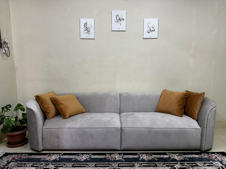 Dammam, Furniture, SAR 3200,  Brand New 4-Seater Sofa &ndash; Elegant Grey Color With Soft Velvet Fabric & Mustard (Unused)
