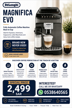 Riyadh, Appliances, SAR 2499,  De&rsquo;Longhi MAGNIFICA EVO  Fully Automatic Coffee Machine &ndash; Bean To Cup