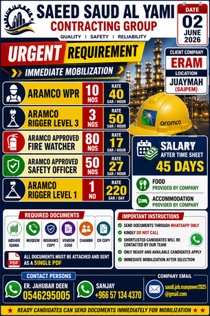 Jubail, Jobs, URGENT REQUIREMENTS - IMMEDIATE MOBILIZATION