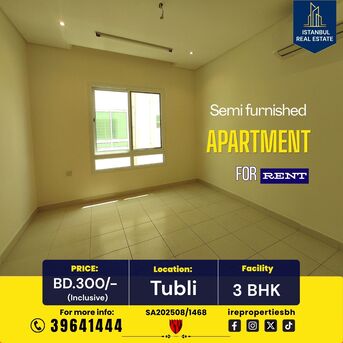 Tubli, Apartments, Flats, Houses & Villas, BHD 300/month,  Furnished,  130 Sq. Meter,  3 BHK  Semi Furnished Apartment For Rent In Tubli BD.300/- Inclusive