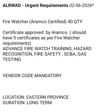 Dammam, Jobs, FIRE WATCHER (ARAMCO APPROVED) OFFSHORE