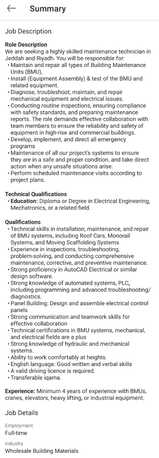 Jeddah, Jobs, Maintenance Technician