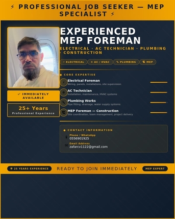 Jeddah, Job Seekers, Experienced MEP Foreman | Electrical | AC Technician | Plumber | 25 Years Experience