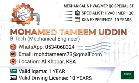 Khobar, Job Seekers, MECHANICAL ENGINEER WORKS IN HVAC-MEP INSTALLATIONS