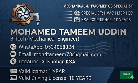 Khobar, Job Seekers, MECHANICAL ENGINEER WORKS IN HVAC-MEP INSTALLATIONS
