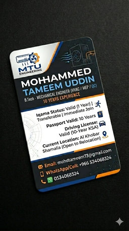 Khobar, Job Seekers, MECHANICAL ENGINEER WORKS IN HVAC-MEP INSTALLATIONS
