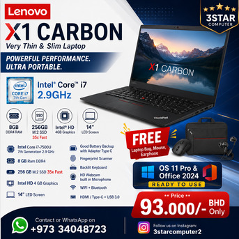 Manama, Tablet Computers, BHD 93,  LENOVO X1 CARBON Core I7 Thin & Slim Laptop 14" Display 8GB RAM 256GB SSD M.2 35x Fast