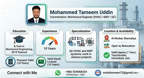 Khobar, Job Seekers, MECHANICAL ENGINEER, 10-YRS EXP: IN HVAC-MEP SITE INSTALLATIONS IQAMA TRANSFERABLE
