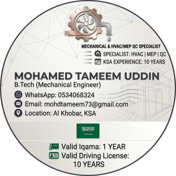 Khobar, Job Seekers, MECHANICAL ENGINEER, 10-YRS EXP: IN HVAC-MEP SITE INSTALLATIONS IQAMA TRANSFERABLE