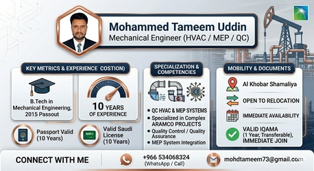 Khobar, Job Seekers, MECHANICAL ENGINEER, 10-YRS EXP: IN HVAC-MEP SITE INSTALLATIONS IQAMA TRANSFERABLE