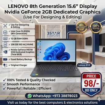 Manama, Tablet Computers, BHD 98,  Lenovo Core I5 8th Gen NVIDIA GeForce 2GB Graphics (Total 8GB) 12GB Ram 15.6" Display