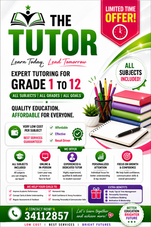 Hamad Town, Education, Expert Tutoring For Grade 1 To 12 | All Subjects Included | Online & In-Person Classes
