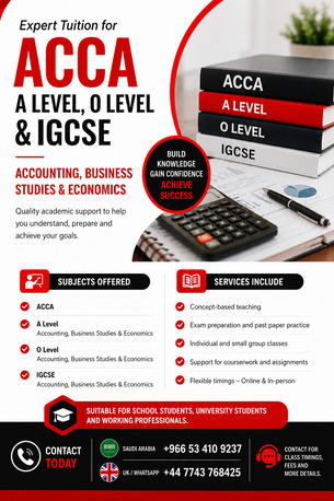 Dammam, Lessons Offered, ACCA, A Level, O Level & IGCSE Tutor | Dammam |