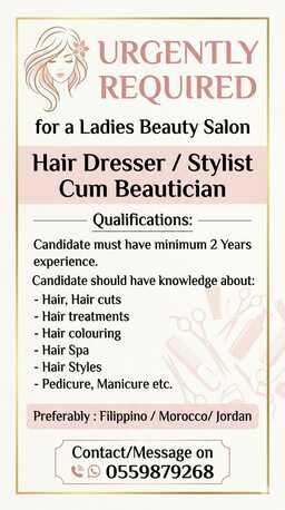 Riyadh, Jobs, Hair Dresser / Stylist Cum Beautician