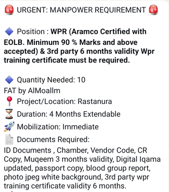 Ras Tanura, Jobs, WPR ARAMCO APPROVED