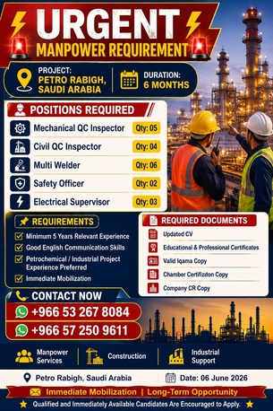 Jubail, Jobs, Mechanical QC Inspector &mdash; Qty: 05  🔹 Civil QC Inspector &mdash; Qty: 04  🔹 Multi Welder &mdash; Qty:
