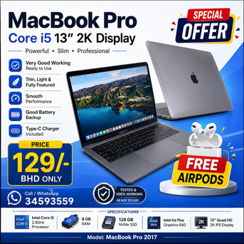 Manama, Computers, BHD 129,  MacBook Pro Intel Core I5 2.3Ghz 13.3" QHD 2K Display 8GB RAM Good Working (Free AirPods)