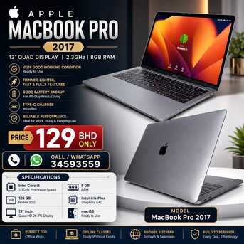 Manama, Electronics, BHD 129,  MacBook Pro Intel Core I5 2.3Ghz 13.3" QHD 2K Display 8GB RAM Good Working (Free AirPods)