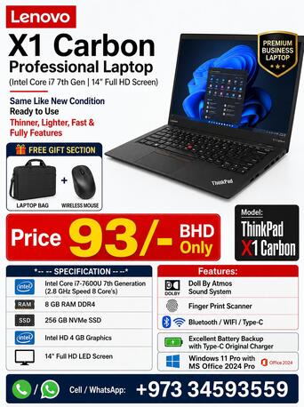 Manama, Electronics, BHD 93,  Summer Offer Lenovo X1 Carbon Core I7 7th Gen Laptop 8GB RAM 14" FHD Screen Only In 93/-BD