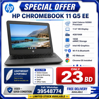 Manama, Computers, BHD 23,  HP CHROMEBOOK 11 - 4GB RAM 16GB 11.6" HD Display Intel HD Graphics Wi-Fi & Bluetooth HD We