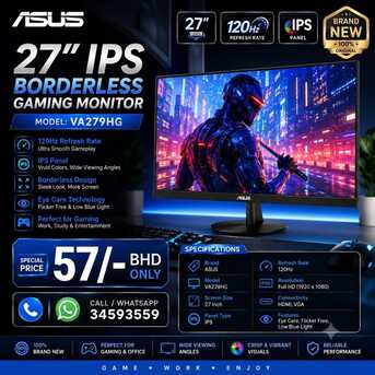 Manama, Computers, BHD 57,  New ASUS Gaming 27" IPS Full HD Monitor BoxPack (1 Year Warranty) 120Hz Input: HDMI & VGA