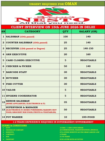 Hyderabad, Jobs, Urgently Requirement For Nesto Supermarket Oman