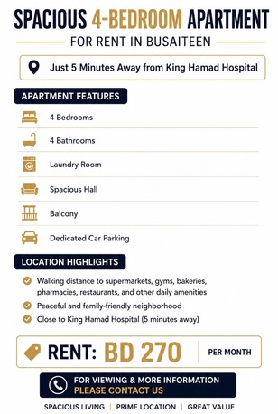 Busaiteen, Apartments, Flats, Houses & Villas, BHD 270/month,  4 BR,  Spacious 4-Bedroom Apartment For Rent In Busaiteen