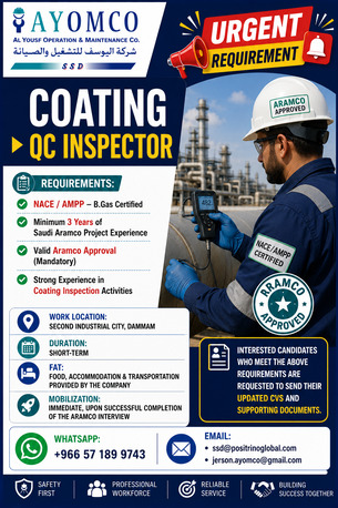 Riyadh, Jobs, URGENT REQUIREMENT COATING QC INSPECTOR
