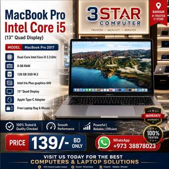 Manama, Computers, BHD 139,  MacBook Pro Core I5 2.3Ghz 8GB RAM 13"Quad Display With Type-C Adapter FREE Laptop & Mouse