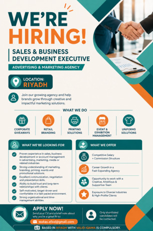 Riyadh, Jobs, Sales & Business Development Executive &ndash; Advertising & Marketing Agency