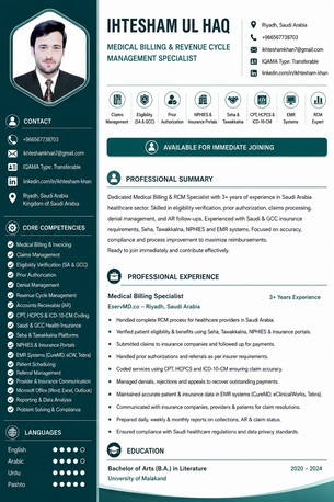 Jeddah, Job Seekers, Medical Billing & RCM Specialist - Riyadh/Jeddah - Transferable Iqama