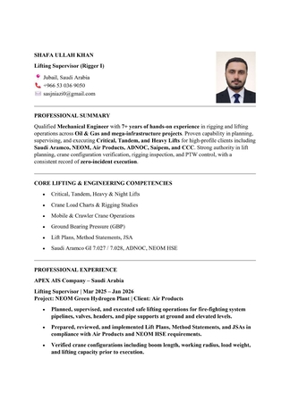 Al Jubail Al Balad, Job Seekers, Qualified Mechanical Engineer Lifting Supervisor Rigger 1 (IQAMA Transfer Also)