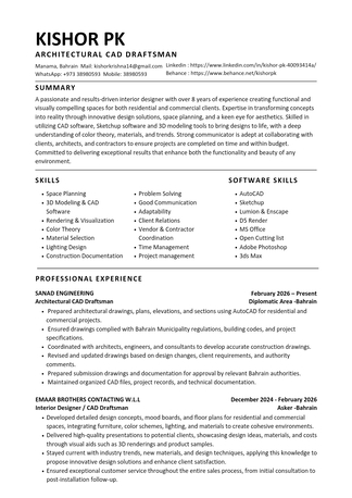 Manama, Job Seekers, CAD Draftsman Architectural / Interior Designer