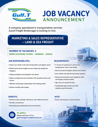 Riyadh, Jobs, Marketing & Sales Representative &ndash; Land & Sea Freight