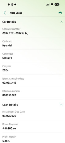 Al Malaz, Vehicle Lease Transfer, SA 2180,  Hyundia Santafe 2024 Bank Lease