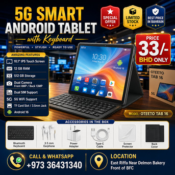 Manama, Computers, BHD 33,  New 5G Smart Android Tablet 10" Screen Dual Sim 12GB RAM 512GB Storage With Keyboard+Cover