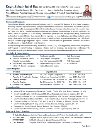Riyadh, Job Seekers, Planning Engineer - 15+ Year Experience - Riyadh - SCE - Immidiately Available