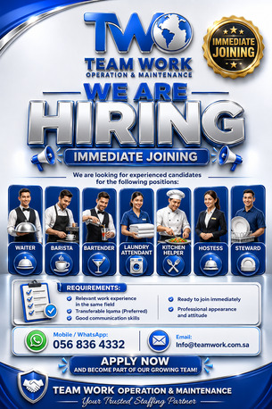Riyadh, Jobs, Waiter Barista Bartender Laundry Kitchen Helper Hostess Steward