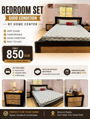 Al Nahda, Appliances, SAR 850,  King Size Bed With 2 Side Tables & 2 Table Lamp